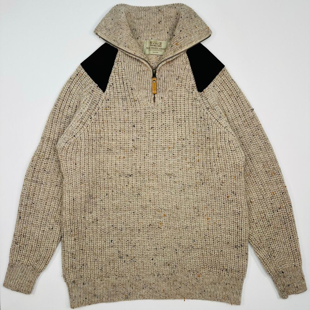 Aran Sweater Market Fisherman’s Half Zip Sweater with Suede Patches Size Medium